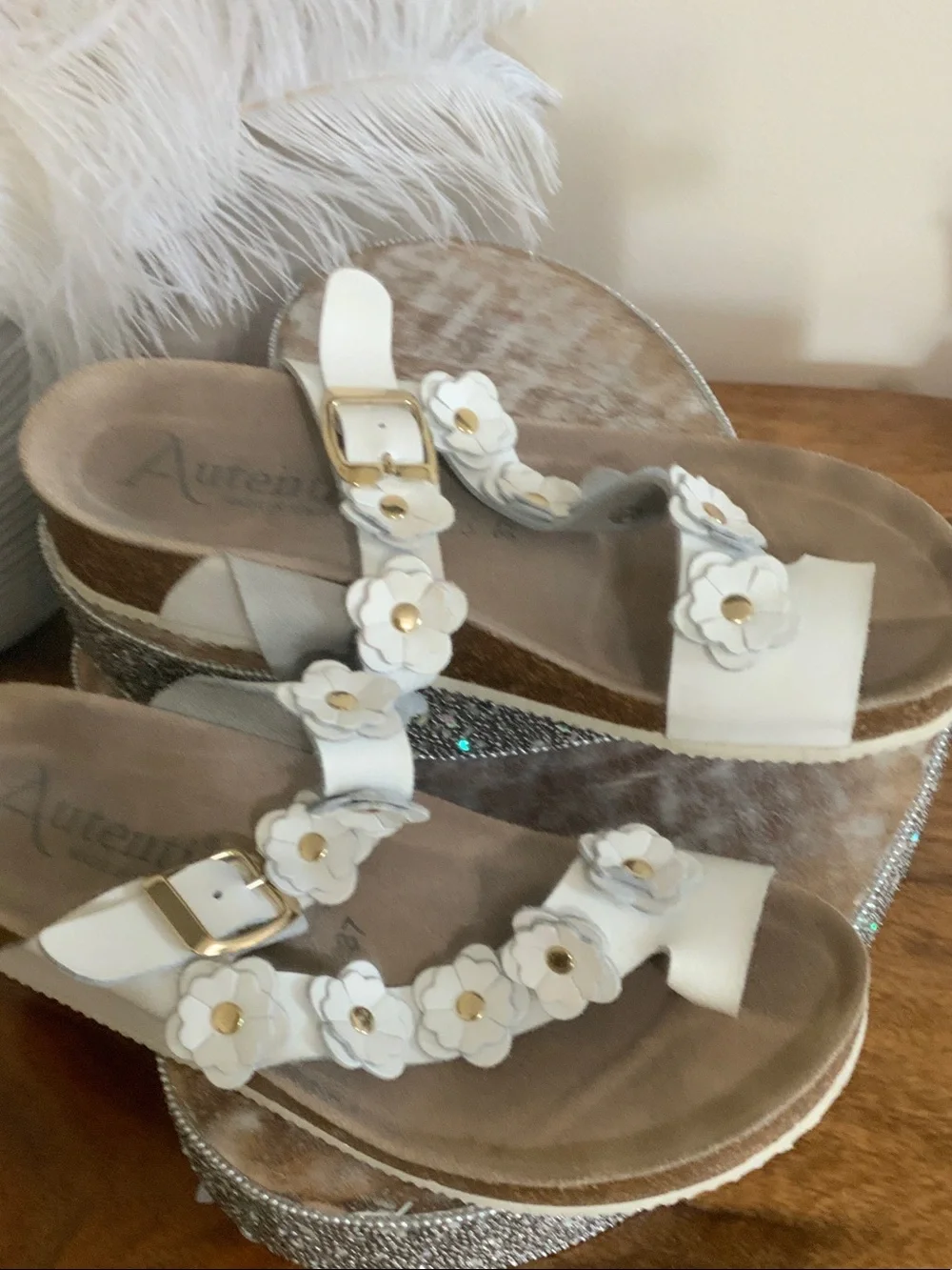 White Floral Platform Wedge Sandals - Women's Adjustable Straps